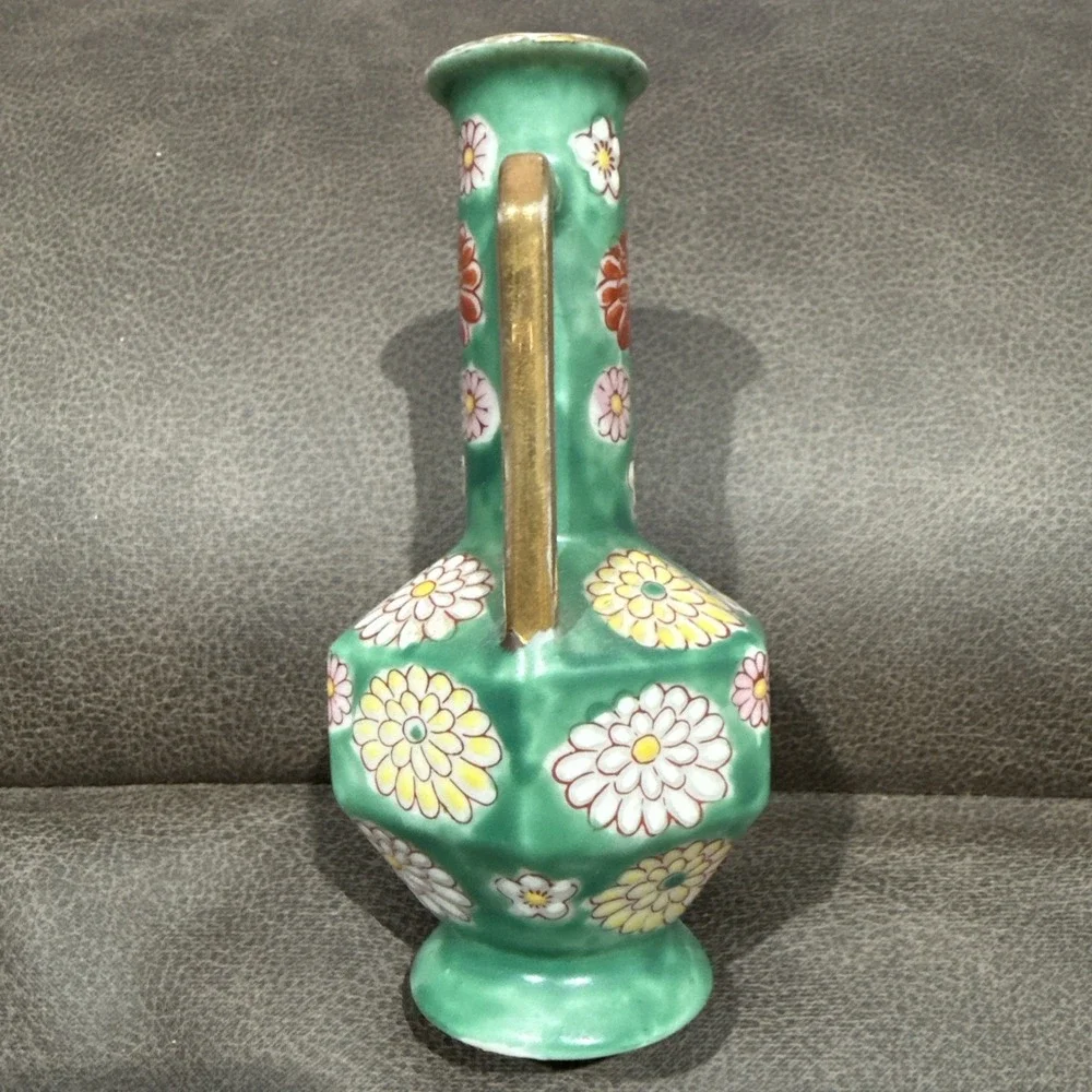 Vintage Miniature Hexagon Green Floral Double Handle Vase Made in Japan